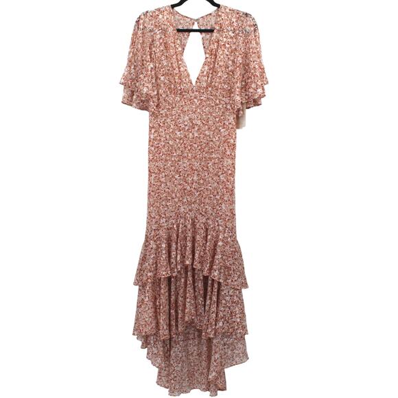 NWT Jenny Yoo April Floral Midi Dress Tiered Rose Multi Satin Burnout Pink Red 2 - Picture 1 of 8